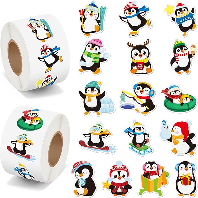 beyumi winter cute penguin sticker - 1000pcs winter penguin stickers in 2 rolls winter christmas adhesive kawaii animal decal winter holiday party favor supplies classroom office bottle decor for kids