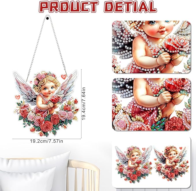 KEYIFA Angel Hanging Diamond Art Painting Kits for Adults and Kids Age 8-12, 5D Special Shape Diamond Dots Kit Rose Crystal Gem Painting Art Crafts for Window, Wall, Door, Garden Decor