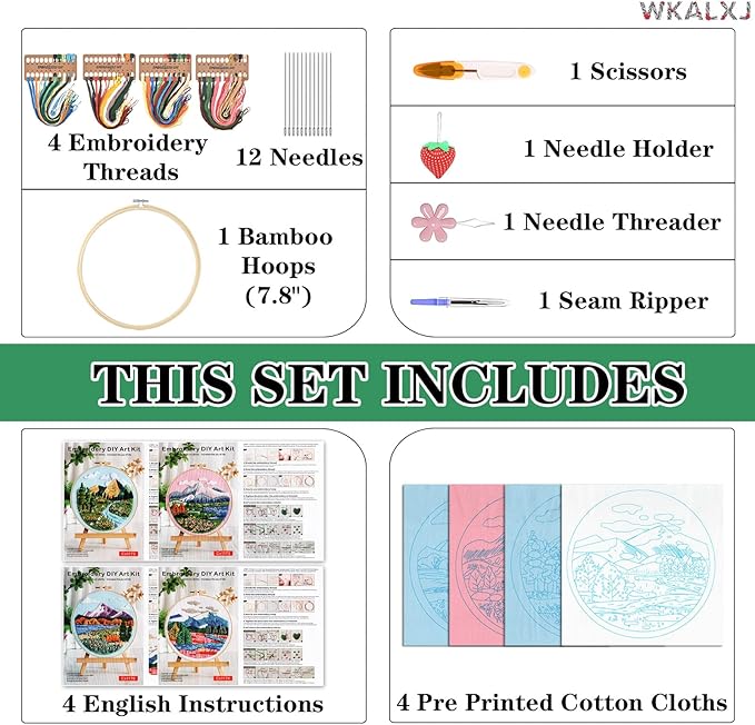 WKALXJ 4 Sets Embroidery Kits for Beginners to Advanced, Floral Cross Stitch Set, Needle Point Kits with Flower Stamped Patterns for Craft Lover Needlepoint Kits (Advanced Landscape)