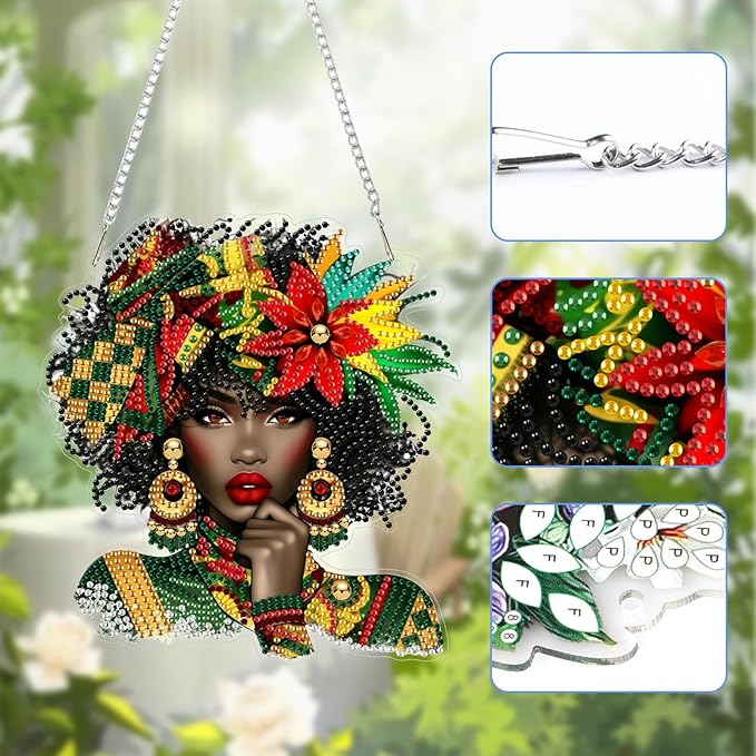Lxmsja DIY Afro Woman Diamond Painting Hanging Ornament, Double-Sided Acrylic Black Woman Diamond Art Kit, Special Shaped Suncatcher Hanging Pendant Window Art Kit