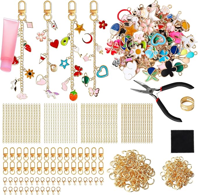 SUTROMA 423Pcs Lip Gloss Keychain Making Kit with Charms - Including 100 Charms 60 Keychain Clips 30 Extender Chains & Jewelry Pliers - DIY Keychains Supplies for Bag Charm and Jewelry Making (Kind2)