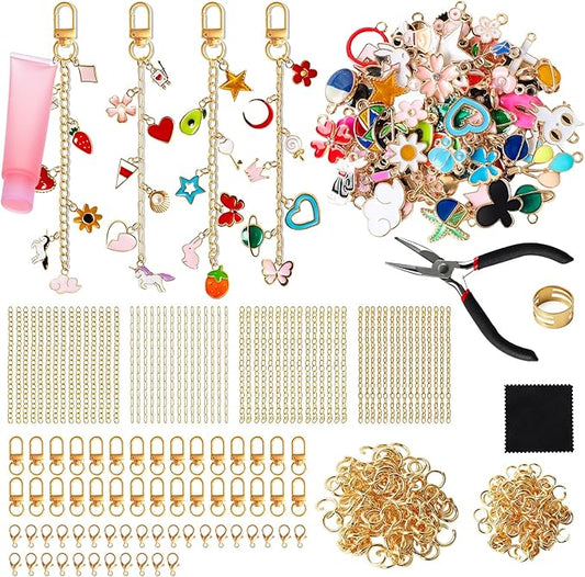 SUTROMA 423Pcs Lip Gloss Keychain Making Kit with Charms - Including 100 Charms 60 Keychain Clips 30 Extender Chains & Jewelry Pliers - DIY Keychains Supplies for Bag Charm and Jewelry Making (Kind2)