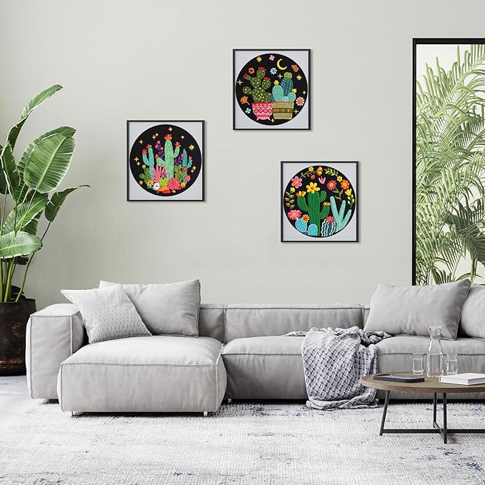 Nuberlic 3 Pack Embroidery Kit for Beginner Adults, Stamped Cross Stitch with Cactus Patterns Include 3 Hoop, Cloth Thread Needles and Instructions