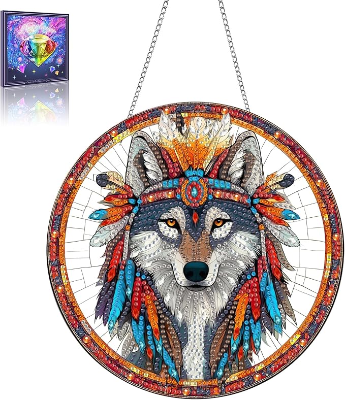 Wergund 5D DIY Wolf Diamond Art Hanging Kits, Hanging Diamond Art Animal, Acrylic Special Shaped Rhinestone, Window Hanging Pendants for Home Wall Garden Front Door Outdoor Decor Gift(Wolf)