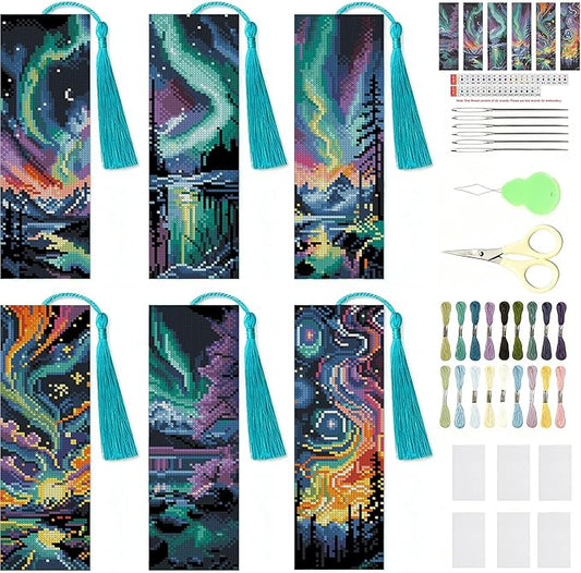 NEGEKFKX 6 Pcs Starry Sky Cross Stitch Bookmark Kit for Adult Beginners,Aurora Cross Stitch Kits 14 CT DIY Crossstitch Kits Adult Stamped Bookmark Embroidery Bookmarks Kit