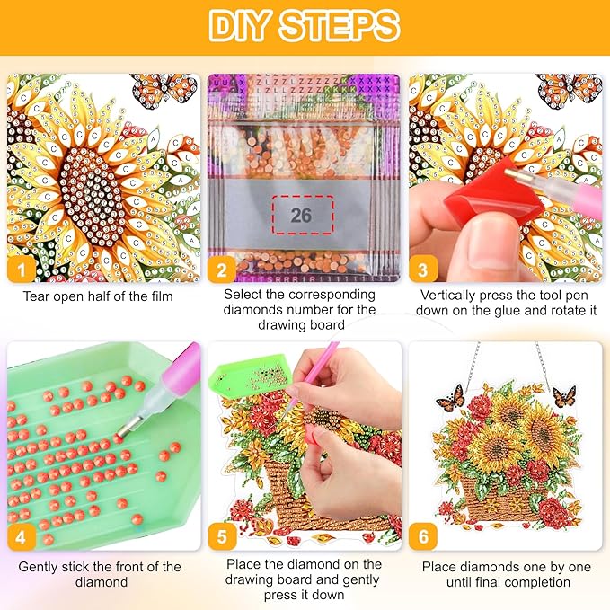 QENSPE Diamond Painting Art Hanging Kits for Adults, 5D Sunflower Diamond Paingting Ornaments with Chain, DIY Butterfly Crystal Window Pendants for Home Wall Decor Double Sided Gift 8X8 inch