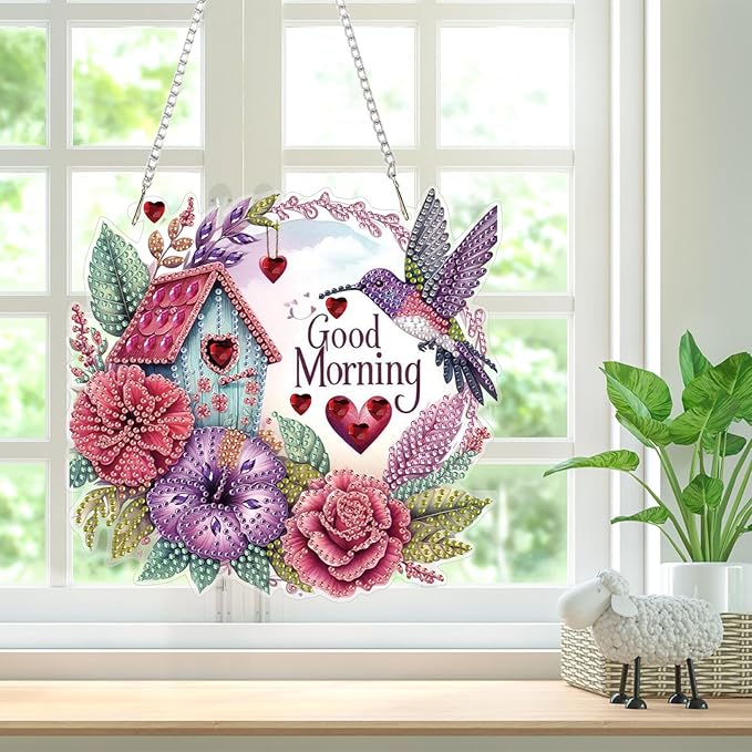 Bowetile Birds Diamond Art Hanging Kits for Adults, Good Morning Diamond Art Suncatchers Flowers, 5D Special Shape Diamond Painting Pendant Window Ornament Gifts for Home Door Wall Decor