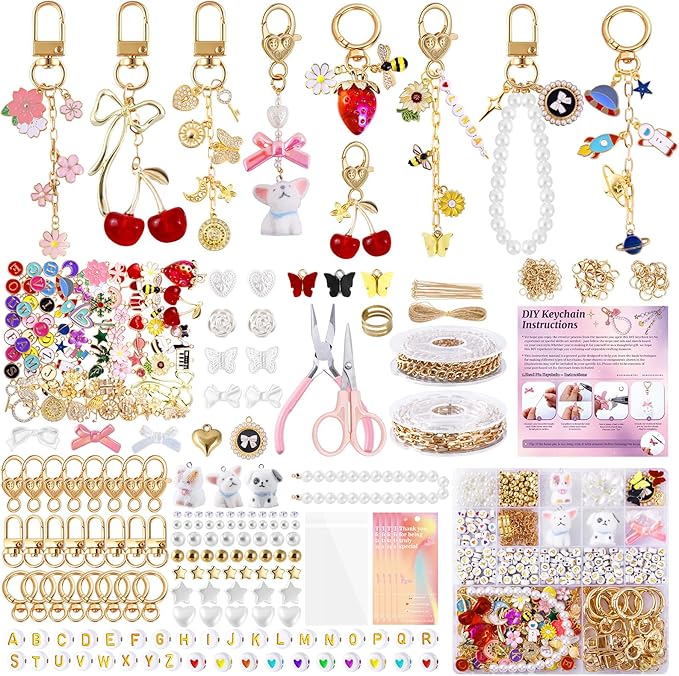Wurosi 773 Pcs Beaded Keychain Making Kit, Bag Charm Kit, with Chains, Charms & Letter, Key Chain Hooks, Jump Rings, Manual, Gift Bgas, Storage Box & Tools, DIY Crafting and Jewelry Making for Adult