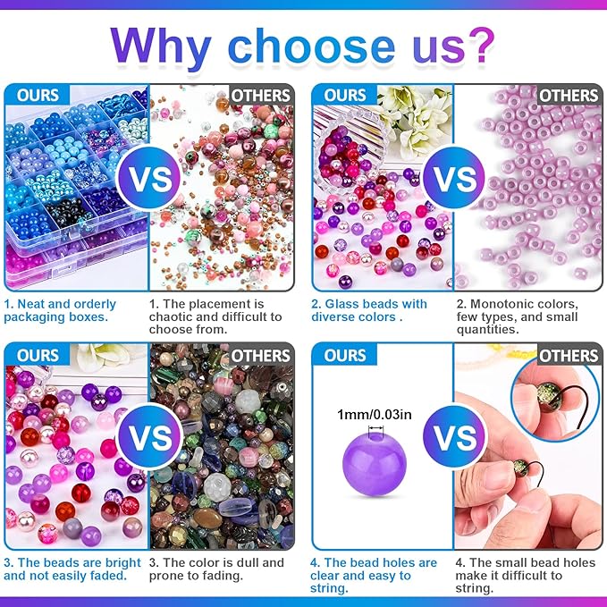 XSEINO About 1200PCS 8mm Glass Beads Bracelet Making Kit，48 Assorted Dreamy Purple and Blue Series Colorful Crystal Beads for Making and DIY Crafts