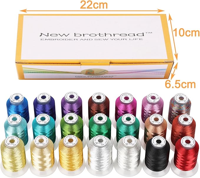 New brothread 21 Assorted Colors Metallic Embroidery Machine Thread Kit 500M (550Y) Each Spool for Computerized Embroidery and Decorative Sewing