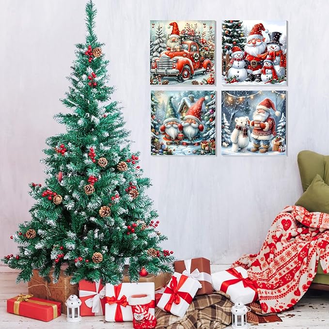 DOMROM 4 Pack Framed Paint by Numbers Santa for Kids Beginners, Adult Paint by Number Kits on Canvas, Acrylic Number Painting Christmas Craft Kits for Gift Home Decor 8x8in