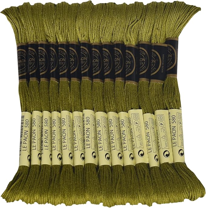 LE PAON Embroidery Floss, 14-Pack Six Strands 100% Long Staple Cotton Embroidery Thread, 8.7-Yard，Color Number：580, Dark Moss Green