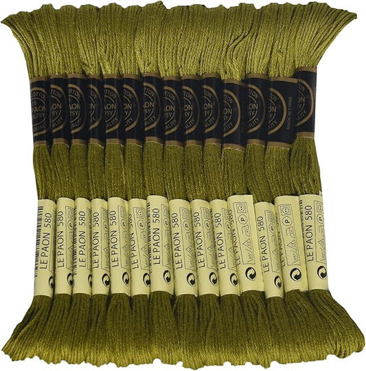 LE PAON Embroidery Floss, 14-Pack Six Strands 100% Long Staple Cotton Embroidery Thread, 8.7-Yard，Color Number：580, Dark Moss Green
