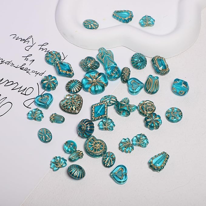 7.5 OZ Assorted Vintage Acrylic Beads For Jewelry Making, Song Xi Unique Flower Rose Czech Beads For Bracelet Earrings, Bohemia Style, Bulk, Arts and Crafts, DIY Holiday Gift (240-260 PCS, Bule-Green)