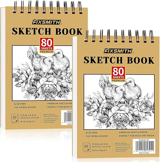 fixsmith 5.5"x8.5" sketch book | 160 sheets (68 lb/100gsm) | 2 pack sketchbooks | top spiral bound artist sketch pad | acid free drawing pad | ideal for kids,beginners,artists &painters | bright white