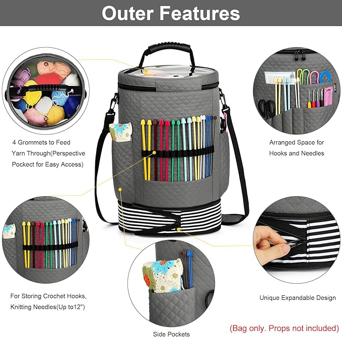 IBFUN Crochet Yarn Knitting Bag 3PCS - Expandable Yarn Storage Organizer Crocheting Bag with Accessories Cases Adjustable Strap for Hooks, Needles, Accessories, Crochet Lovers, Supplies, Beginners