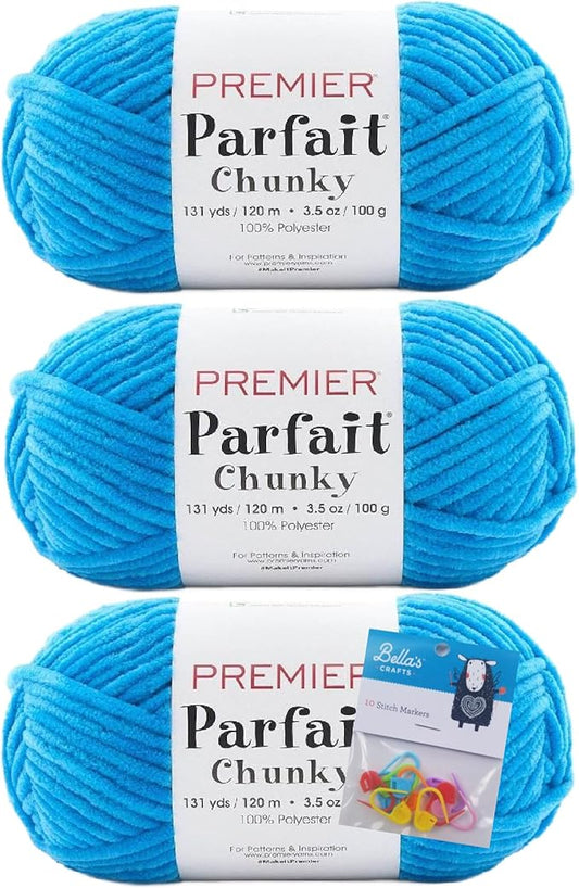 Premier Yarns Parfait Chunky Chenille Yarn 3.5 Oz 6 Super Bulky Weight 3 Pack Bundle with Bella's Stitch Place Holders (Rock Candy)