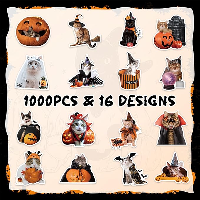 h1vojoxo halloween cat stickers roll - 1000pcs halloween cat dress up stickers in 2 rolls 16 designs pumpkin cats self-adhesive sticker for kids craft envelope water bottle scrapbook party supplies