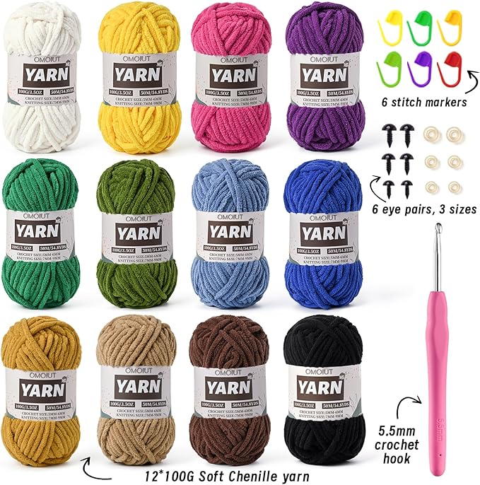 12 Pack Bulky Velvet Chenille Yarn, Baby Yarn for Crocheting Soft Blanket, 1200g(657.6yds) Chunky Crochet Yarn, Thick Multicolor Yarn for Crocheting Amigurumi, Crafts, Home Decor C