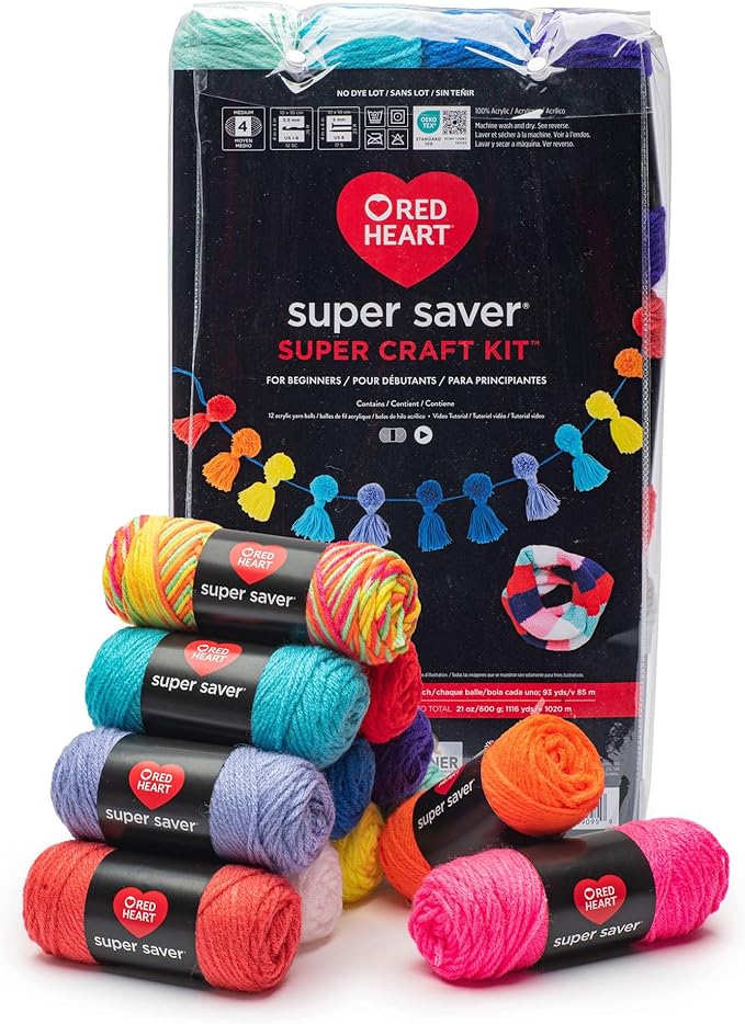Red Heart Super Saver Yarn Super Craft Kit Brights, with 12 Pack of 50g/1.7 oz. 4 Medium Worsted Yarn for Knitting & Crocheting, 12 Colors, Perfect for Chunky Sweaters, Blankets, Amigurumi