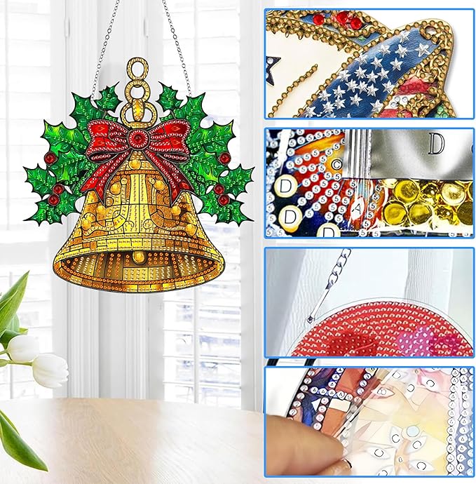 Reofrey Hanging Diamond Art Kits for Adults - 8x8 Inch Christmas Bells Acrylic Board Double Sided Pattern Diamond Art Suncatcher Pendant, Crystal Art for Home Wall or Window Decoration Handmade Gift