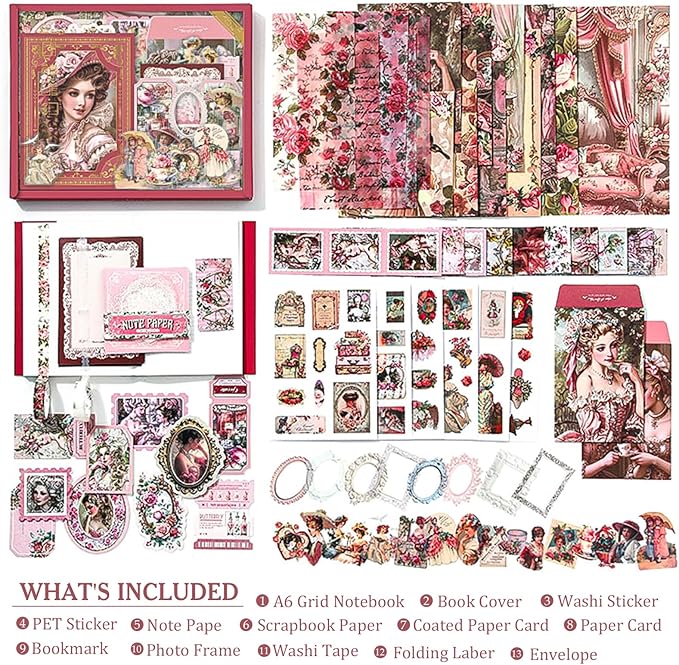 Scrapbooking Supplies Kit, Vintage Junk Journal Supplies, Scrapbook Kit with Aesthetic Ephemera Sticker, Cute Stationary Set, Bullet Journaling Kit, Collage Craft Supplies Gift for Adult Women Starter