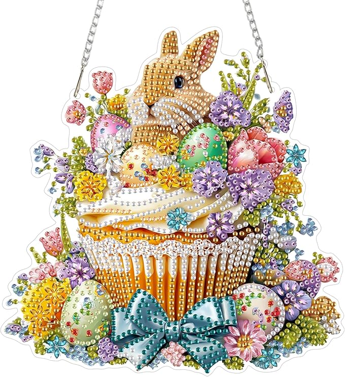 MAXBYE Easter DIY Diamond Art Kits for Adults Hanging Pendant Bunny in a Bamboo Basket, Painting Diamond Gem Art Hanging Kits for Beginners Gift Window Wall Door Decoration 8×12Inch