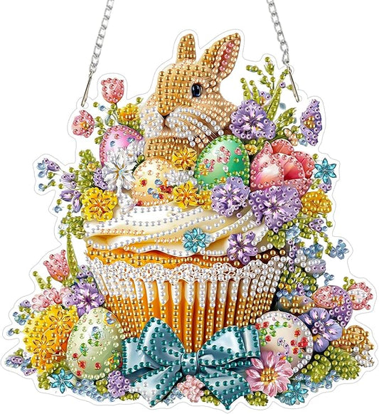 MAXBYE Easter DIY Diamond Art Kits for Adults Hanging Pendant Bunny in a Bamboo Basket, Painting Diamond Gem Art Hanging Kits for Beginners Gift Window Wall Door Decoration 8×12Inch