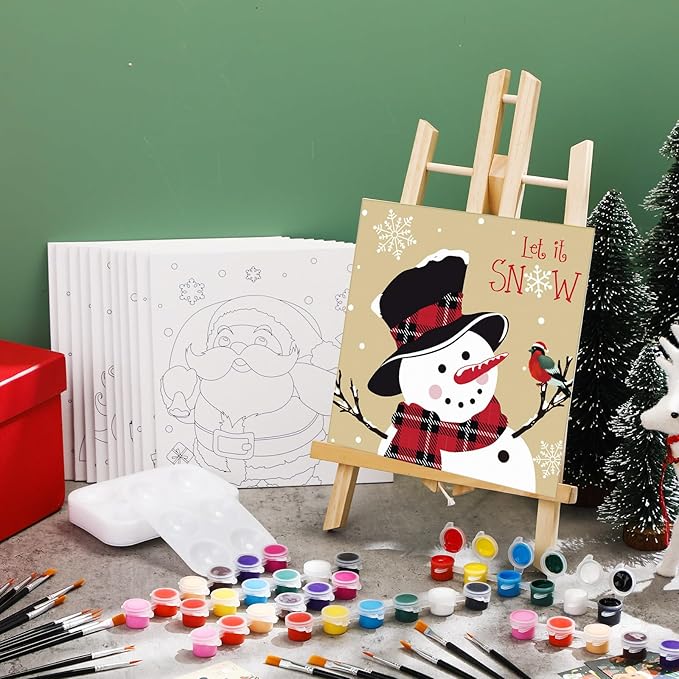 Ctosree 12 Pack Pre Drawn Canvas Kit for Painting Sip and Art Paint Kit for Adults Pre Painted Canvas Party Favors for DIY Holiday Party Date Night Gifts (Cute Xmas,8 x 8 Inch)