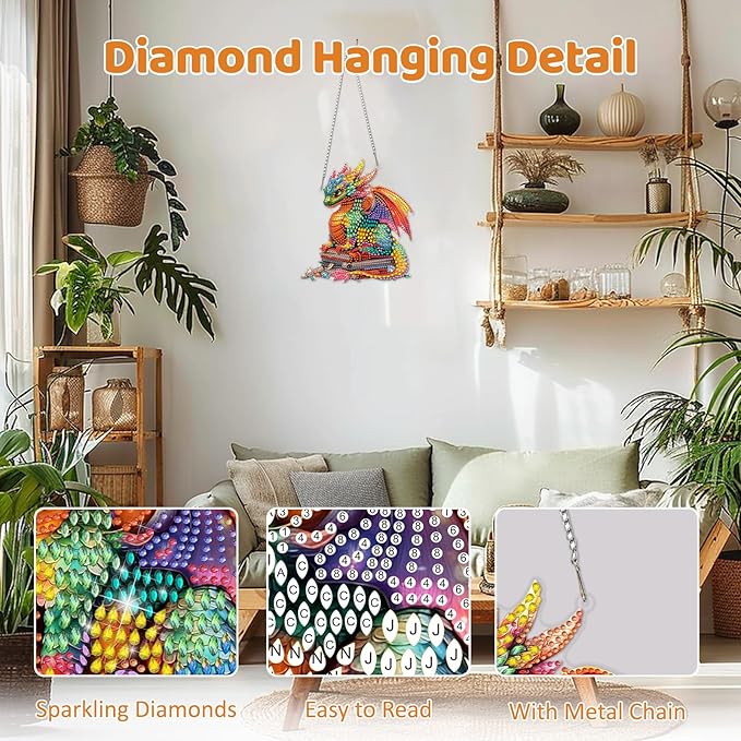 MEIYUDA Dargon Diamond Art Hanging Kits for Adult, Book Dargon Diamond Painting Hanging Kits Ornaments, DIY Special Shaped Rhinestone Window Pendants Kit for Home Garden Wall Decor Gift