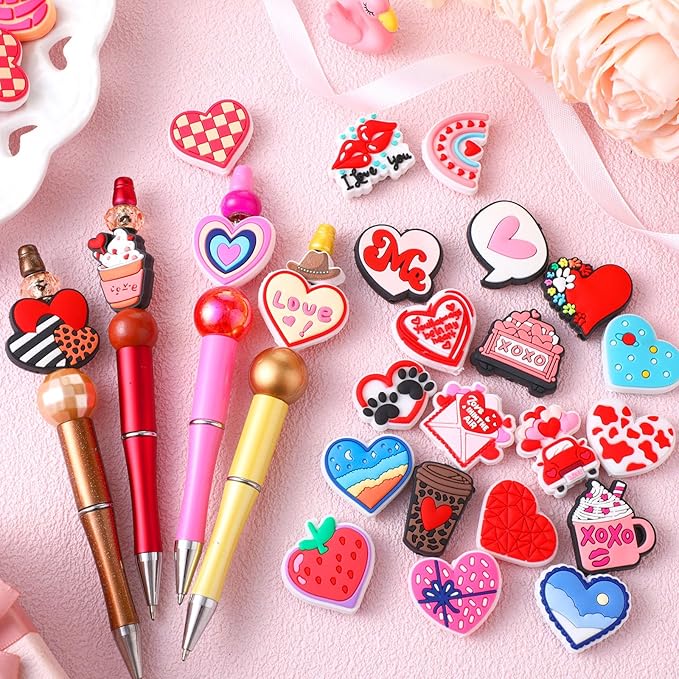 VioraWhite 100 Pcs Valentine's Day Silicone Beads for Pens Series Silicone Beads Charm Keychain Kit Lanyard Making Kit for Bracelet Necklace Jewelry Handmade Crafts Decoration