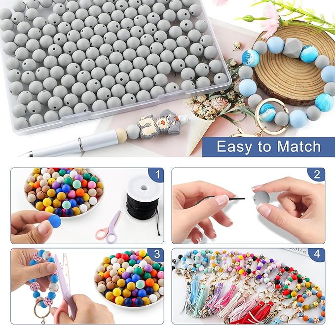 160Pcs 12mm Silicone Beads for Keychain Making Bracelet Necklace, Bulk Round Silicone Beads for Pens(Light Gray)