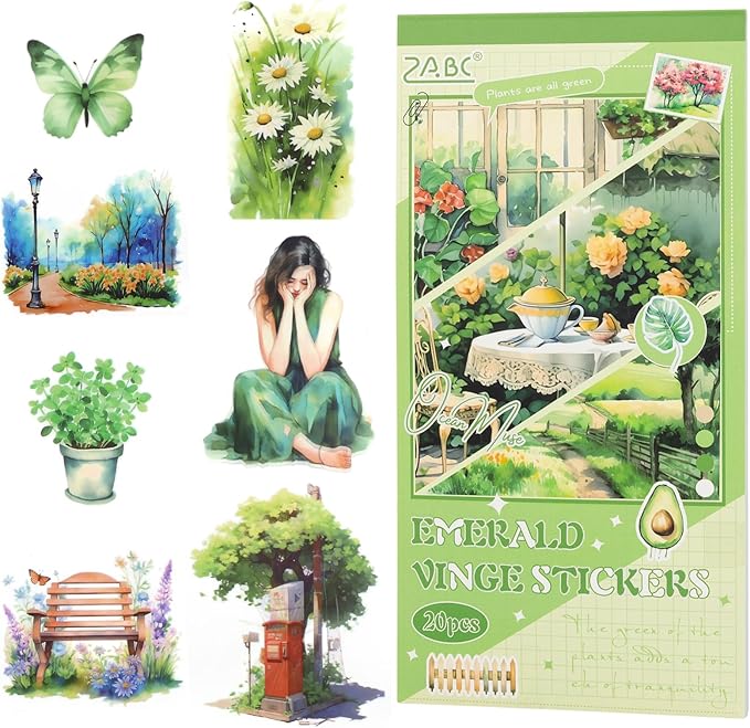 Green Journaling Supplies Sticker, 20 Sheets Scrapbook Sticker Book, Junk Journal Kits Pre-cut Watercolor Scrapbooking Supplies for Adults Planner Cottagecore Decorative DIY Craft Project, 182PCS