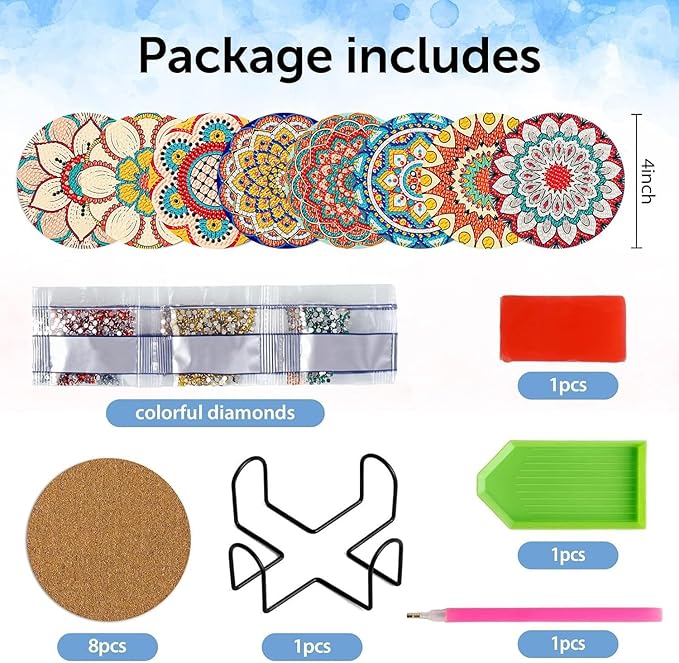 8 Pcs Mandala Diamond Art Coasters Kit with Holder, DIY Mandala Diamond Painting Coasters for Beginners Adults, Non Slip Diamond Art Kits Craft Supplies 4x4inch