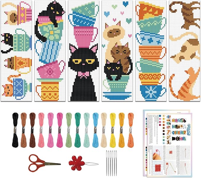 ORIGACH 6 Pcs Cross Stitch Bookmark Kit for Beginner with Backing Felt Floss Instruction Cat Teacup DIY Stamped Embroidery Bookmark Kit for Starter Adults Book Lovers