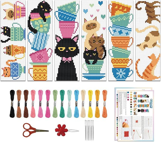 ORIGACH 6 Pcs Cross Stitch Bookmark Kit for Beginner with Backing Felt Floss Instruction Cat Teacup DIY Stamped Embroidery Bookmark Kit for Starter Adults Book Lovers