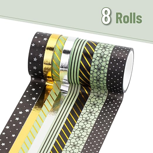 Mr. Pen Midnight Garden Washi Tape Set, 8 Rolls, Gold Foil Decorative Tape, Washi Tapes, Scrapbook Tape, Craft Tape