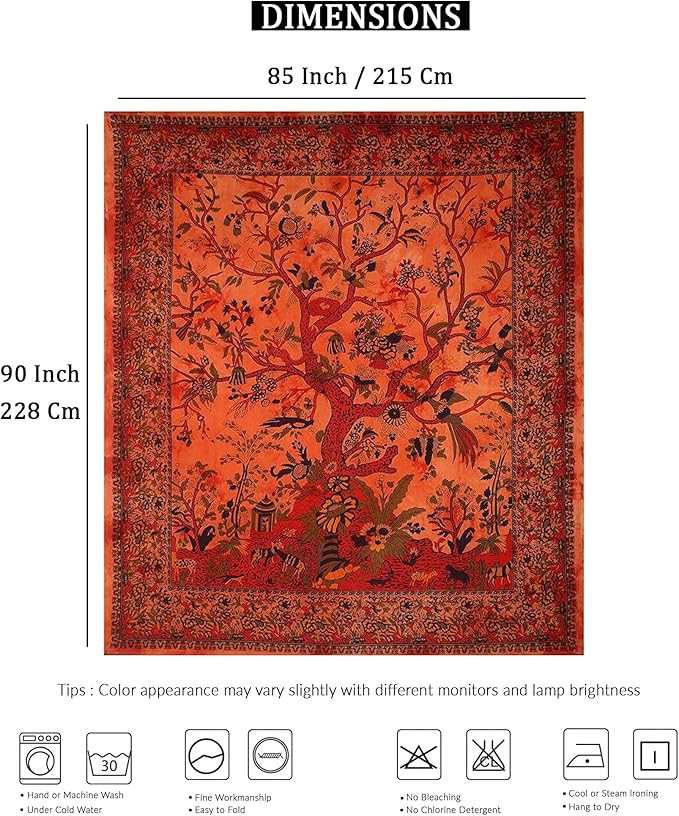 the art box tapestry orange tree of life wall hanging – indian cotton full size bedspread, picnic sheet, wall decor, blanket, wall art for bedroom (full, 85x90 inch)