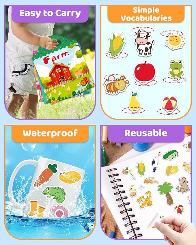 benresive reusable sticker books for kids, sticker books for toddlers, toddler travel toys activities crafts ages 3 and up birthday gifts - farm, animal and season