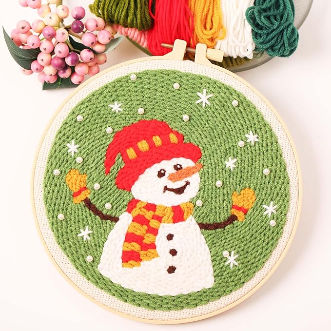 harimau 3pcs beginner embroidery kit,christmas pattern,punch needle kits, including stamped embroidery cloth with 3 embroidery hoops, multicolor color threads for embroidery kit