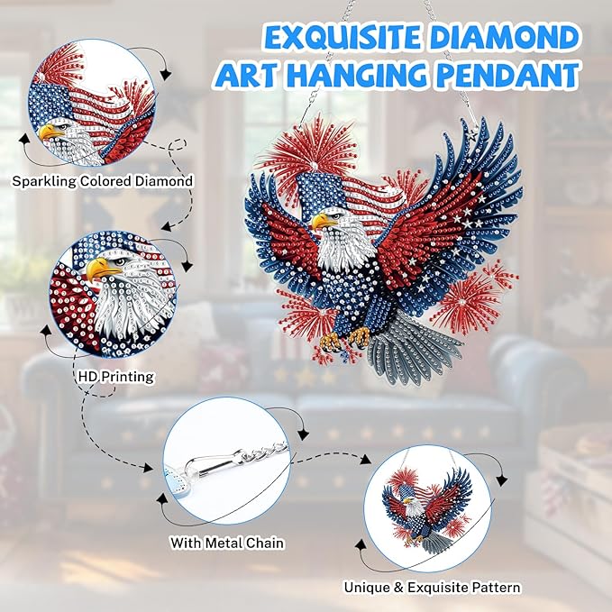 Bowetile Independence Day Bald Eagle 5D Diamond Art Hanging Kits for Adults, 4th of July Diamond Painting Window Pendant Kits, Special Shape Gem Art Suncatchers Ornament for Home Garden Wall Decor