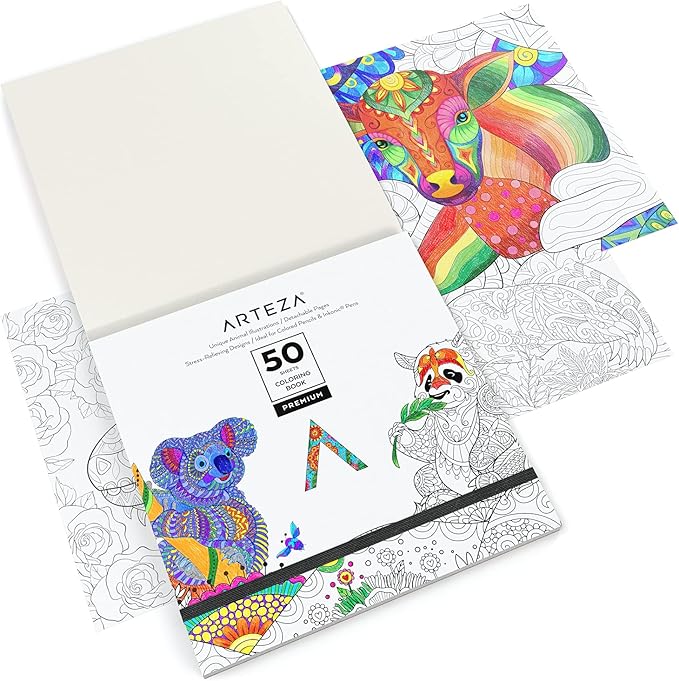 ARTEZA Adult Coloring Book, Animal Designs, 9x9 Inches, Stress-Relieving Coloring Pages with 50 One-Sided Images, 100 lb Paper