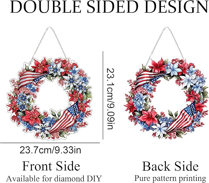 5D Diamond Art Hanging Kit for Adult,Special Shaped Rhinestone,Double Sided DIY Acrylic Diamond Art Painting Window Pendants Home Garden Wall Hanging Kits Hanging Ornament (Independence Day Wreath)