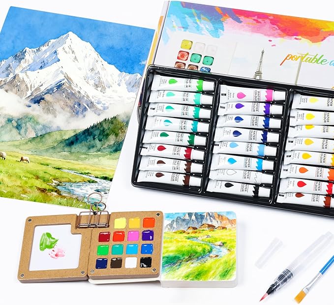 Mini Watercolor Paint Set, Travel Watercolor Paint kit with 24 Colors, Refillable Brush & Sketchbook, Ideal Watercolor Palette for Travel, Creative Painting Kit for Beginners and Artists(15 Gird)