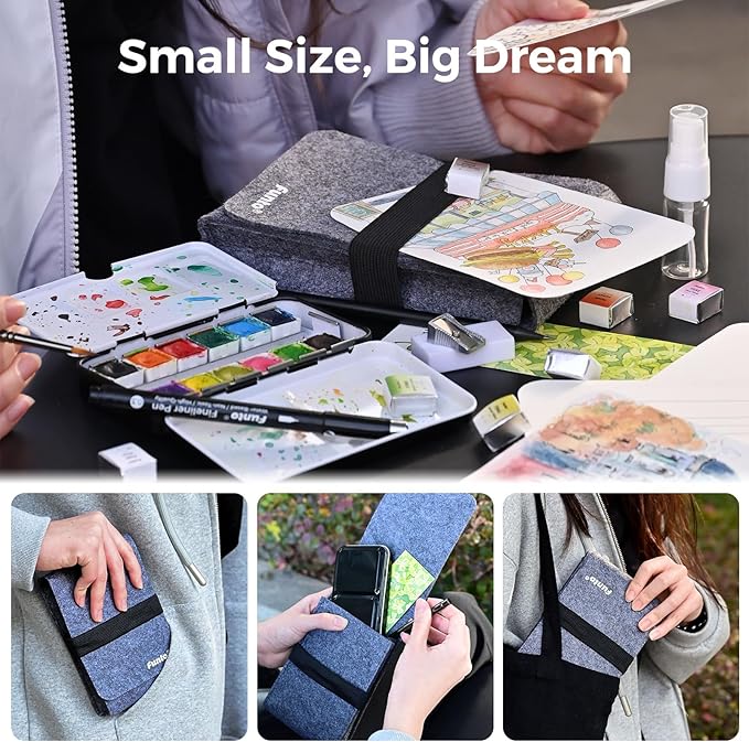 Funto Travel Watercolor Set, 12-Color Paint, 10 Premium Postcards, Brush, Brush Pen, Fineliner, Pencil, Painting Set for Adults, Beginner, and Artists