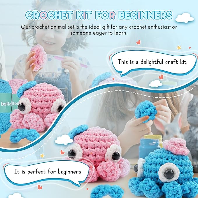 Vanttokeey Crochet Kit for Beginners, Animal Amigurumi Crochet Kits Included, Step-by-Step Video Tutorials, Beginner Crochet Kit for Adults and Kids, DIY Easy Crochet Crafts (Octopus)