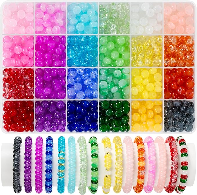 Funtopia Rondelle Glass Beads for Jewelry Making, 720pcs Abacus Glass Beads for Bracelet, 24 Colors Gemstone Spacer Crystal Beads for Necklace DIY Crafts, 5x8mm