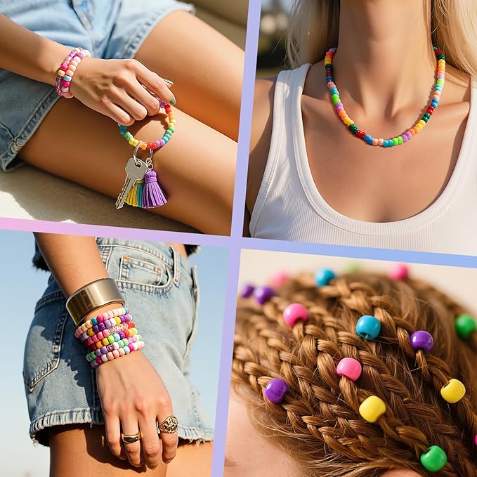 Simetufy 1200Pcs Pony Beads, 24 Colors Kandi Beads for Bracelet Making Hair Braiding DIY Crafts Kandi Jewelry Key Chains Christmas Gifts