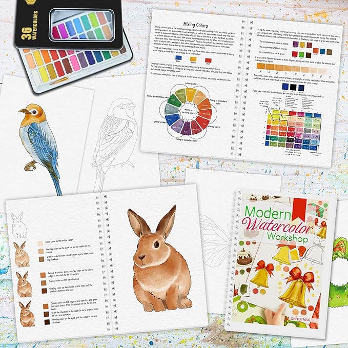 8Pcs Watercolor Workbooks with 2Pcs 36 Paint Colors, Water Coloring Book for Adults with 96 Patterns, Beginner-Friendly Step by Step Watercolor Workbooks for Beginners with 2Pcs 36 Paint Colors