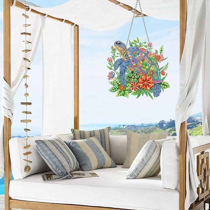 VAIIEYO Turtle Diamond Art Hanging Ornament, Flower Diamond Painting Suncatchers Window Hanging Kit with Chain, 7.5x7.5 inch Crystal Pendant Art Craft for Gift Home Wall Front Door Decoration